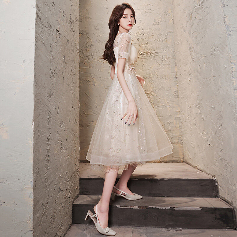 Gaun Kontes Panjang Teh Lengan Pendek Leher-o Gaya Korea untuk Wanita Gaun Pengiring Pengantin Anggun A-Line Renda Applique Berpayet