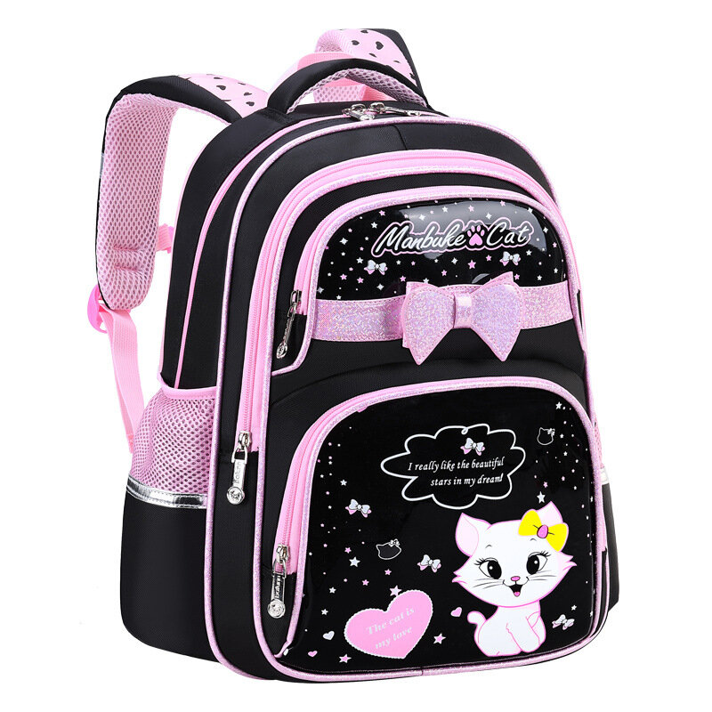 Bolsa de escola ortopédica PU para crianças, gato bonito, arco preto e rosa, mochila escolar, bolsa kawaii, 6-12 anos de idade