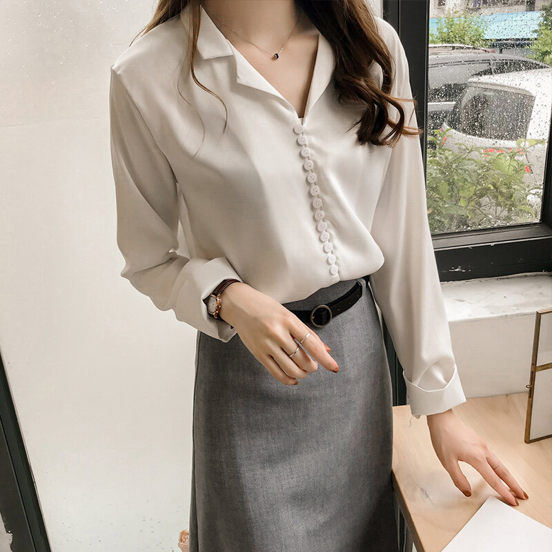 Blusa feminina chiffon manga comprida gola virada, camisa feminina casual social coreana botões