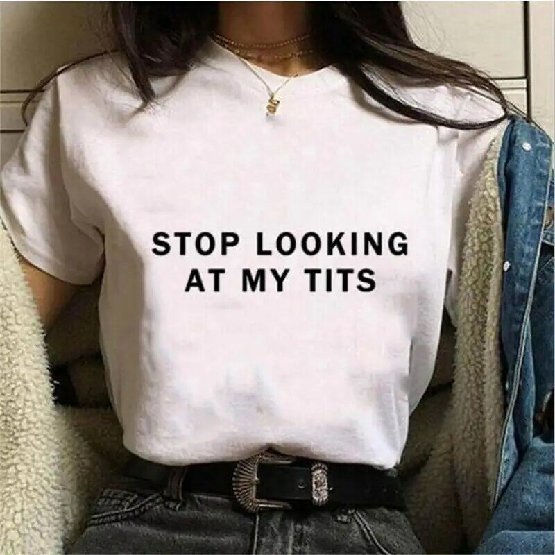 Nueva sudadera de algodón con capucha informal holgada con estampado de letras Stop Looking Look at my Tits para mujer