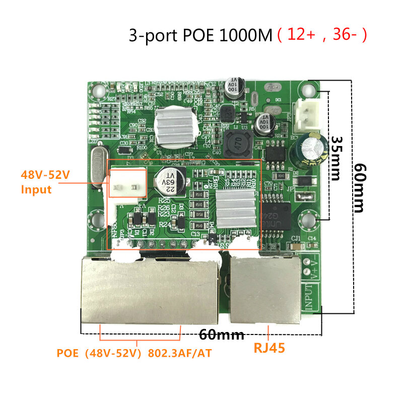 3-port poe Gigabit switch module 48V2A 96w-144w 3 port 10/100/1000M  RJ45 POE contact port mini switch module PCBA Motherboard