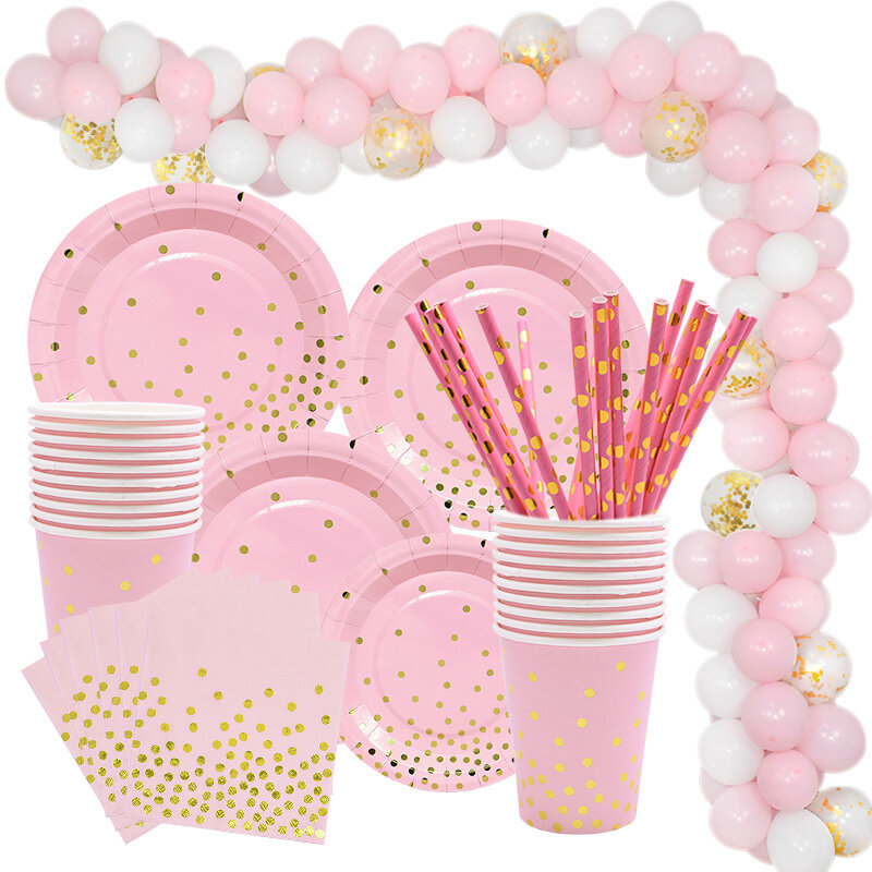Juego de vajilla desechable dorada y rosa, platos de papel, taza, servilleta, decoración para fiesta de primer cumpleaños de bebé, suministros para fiesta de niña, globo