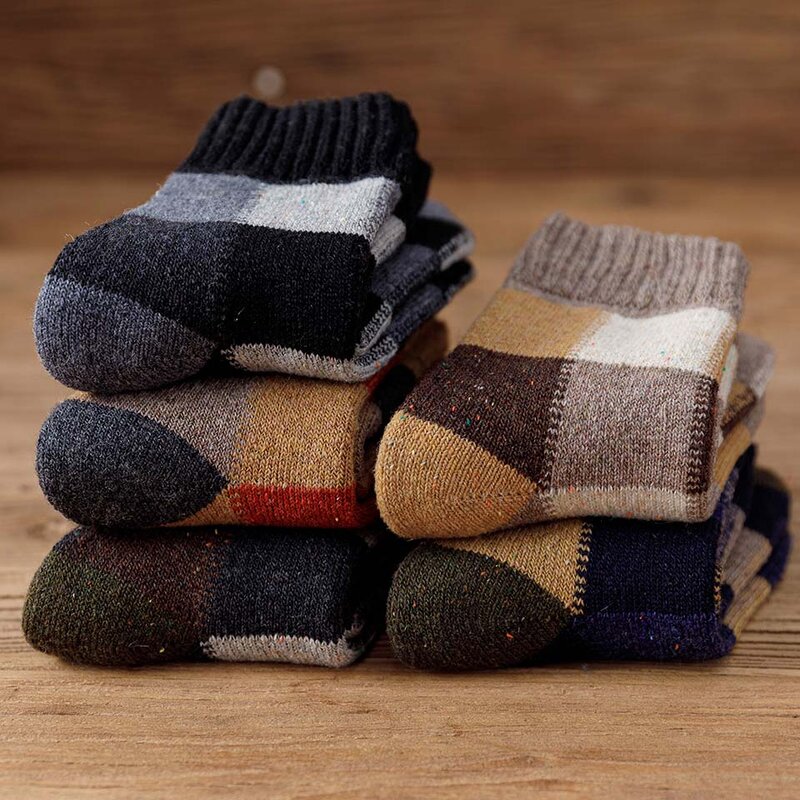Chaussettes longues en cachemire antigel pour hommes, chaussettes à carreaux, laine chaude, grande taille, rétro, neige, loisirs, optique, hiver, Harajuku, 5 paires