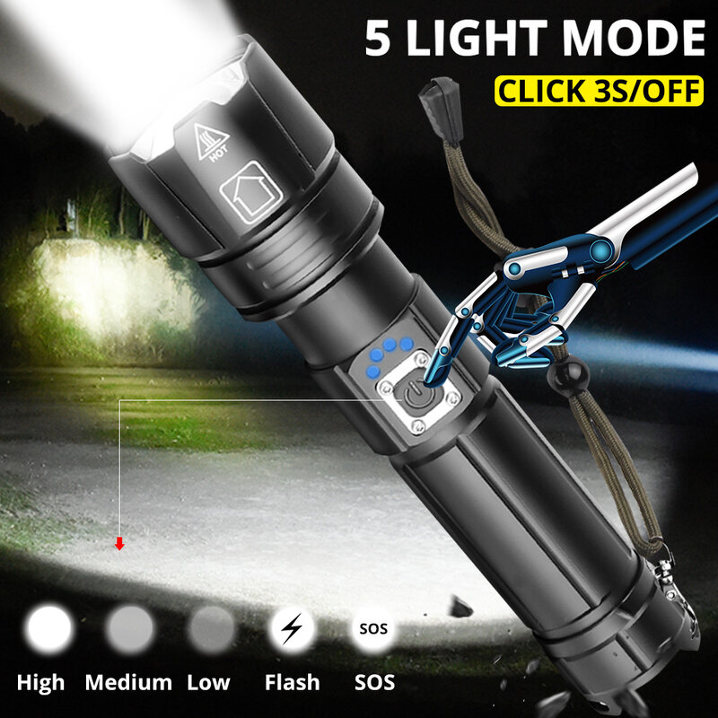 Potente linterna LED XHP90.2 ultrabrillante, 18650, recargable por USB, luz táctica XHP70, Zoom 26650, para campamento, novedad
