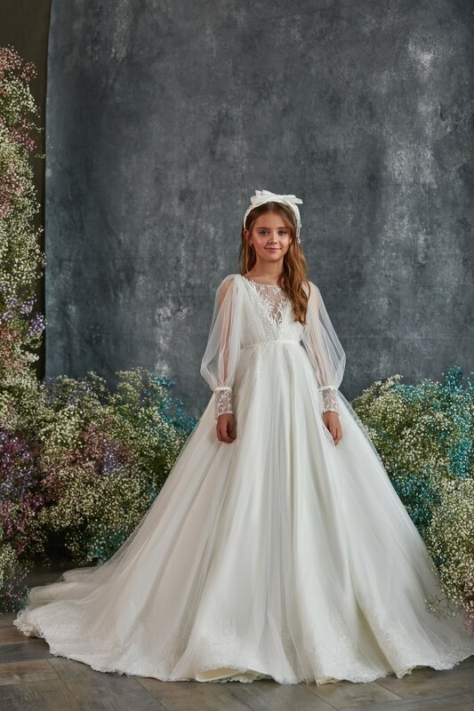 Flower Girl Dresses For Wedding Glitter Beads Half Long Sleeve Toddler Pageant Gowns Birthday First Communion Dress