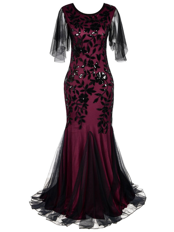 Вечернее платье из тюля с круглым вырезом и короткими рукавами, элегантное винтажное платье русалки 1920s, вечерние платья, длинное платье с блестками