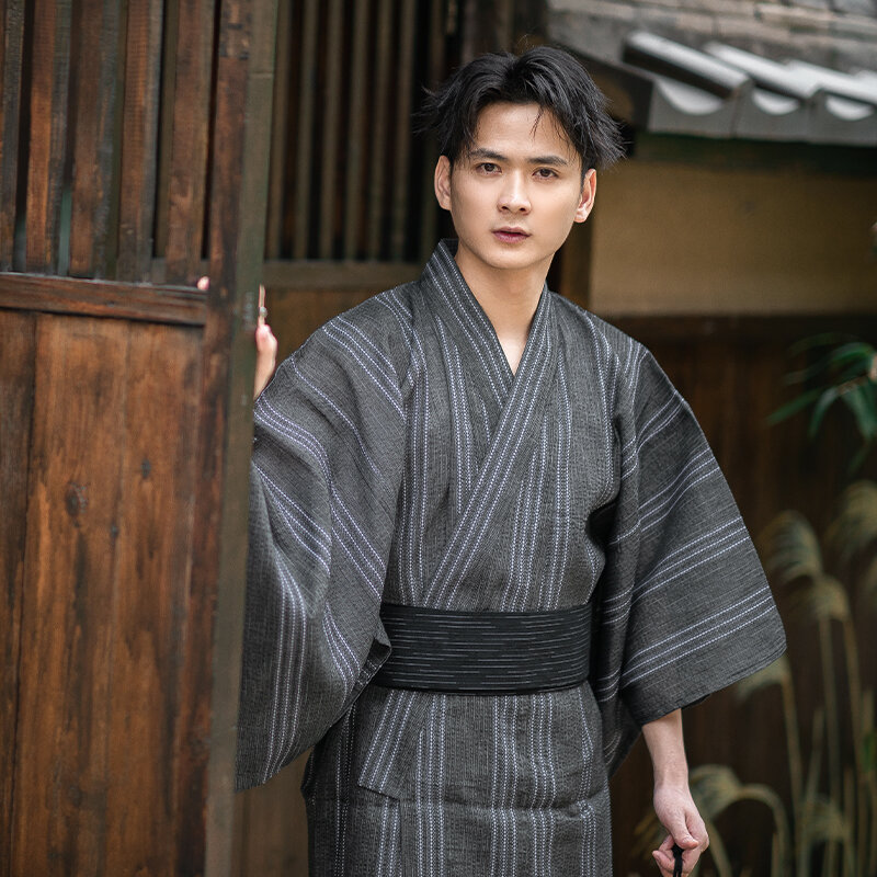 YUKATA-Conjunto de pijama japonês tradicional masculino, roupão longo com cinto, roupa de dormir masculina, moda verão, 95% algodão