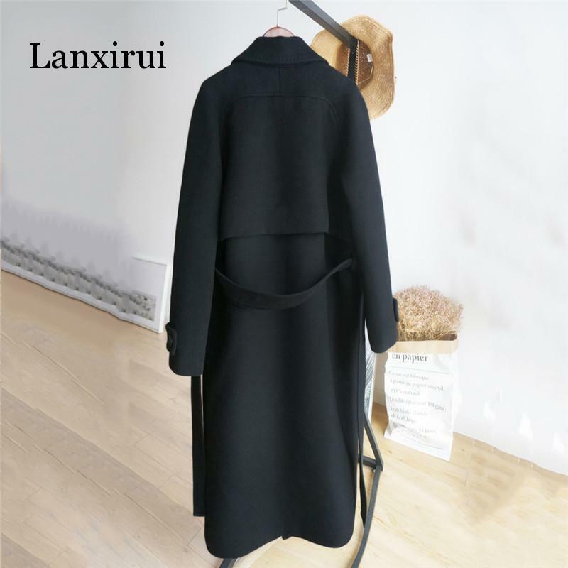 Chaqueta de lana de Cachemira para mujer, abrigo de lana holgado medio largo a la moda, abrigo negro ajustado de manga larga, prendas de vestir exteriores de invierno