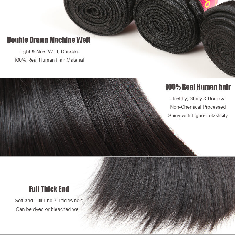 Ali Queen-Brazilian Raw Virgin Hair Weave Bundles, cabelo humano não processado, cor natural, cabelos lisos, 3 PCs, 4PCs, 8 in-34 in