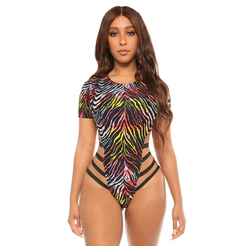 BKLD Summer Beach Clothing 2021 New Sexy Fashion stampato One Piece Outfit Women Bandage Hollow Out body manica corta