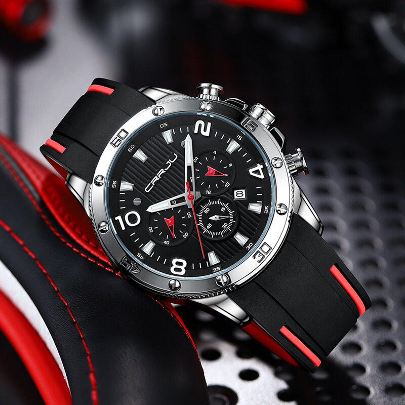 CRRJU Men's Watch Chronograph Outdoor Sports Waterproof Watches Luminous Display Quartz Rubber Clock Relogio Masculino