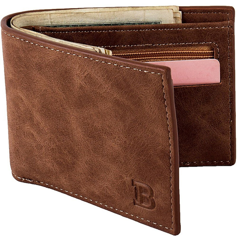 1Pc PU Leather Retro Short Men's Luxury Business Wallet Card Holder 2 Folding Open Solid Color Letters Engraving Coin Purses