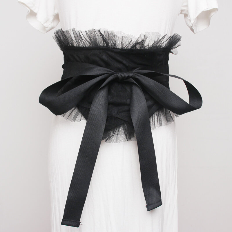 Ms-cinturón ancho de encaje para mujer, cinturón elegante de encaje con estampado de lazo, colocación de camisa, vestido, cinturón translúcido negro a la moda