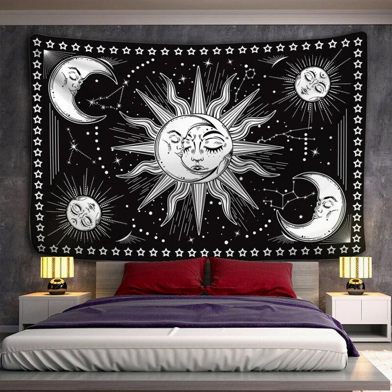 Mandala-印刷された壁のタペストリー,装飾用のタロットヒッピー,太陽と月,黒と白