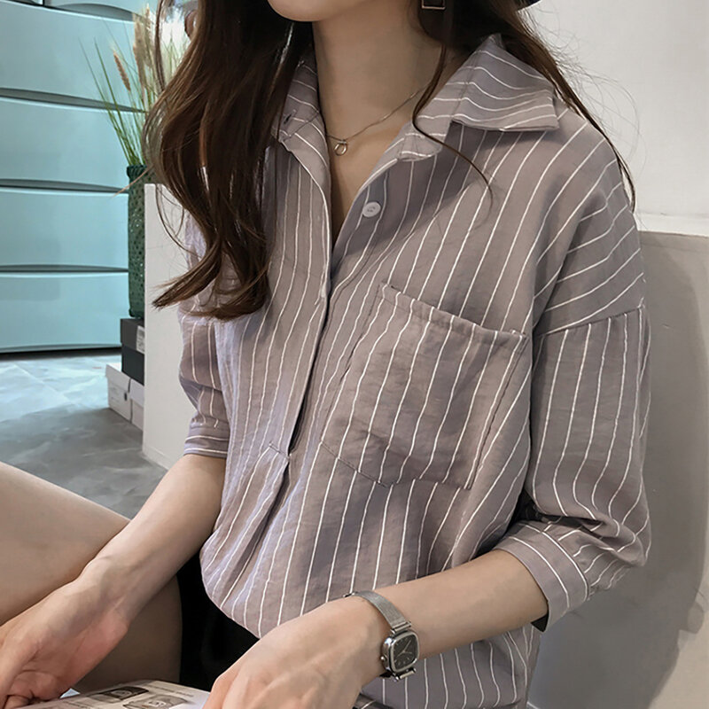 Blusa feminina listrada, camisa casual folgada com mangas 3/4 gola