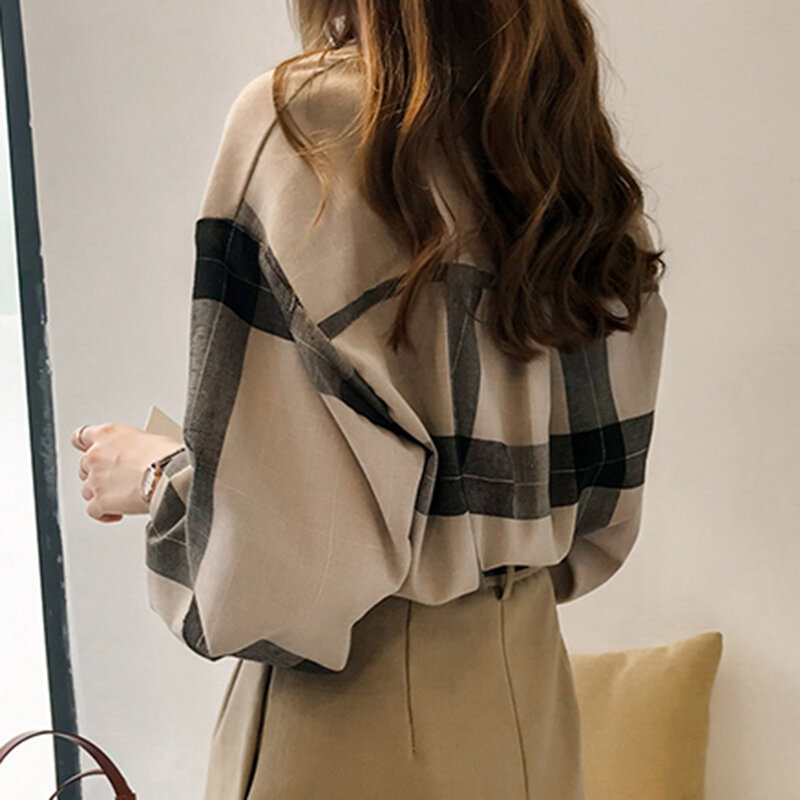 2020 primavera xadrez cor bloco camisa feminina chique superior outono causal blusa coreano namorado streetwear escritório senhora legal