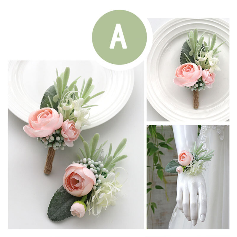 Meldel-pulsera de boda para hombre, ramillete de flores, rosa de seda Artificial, color blanco y rosa