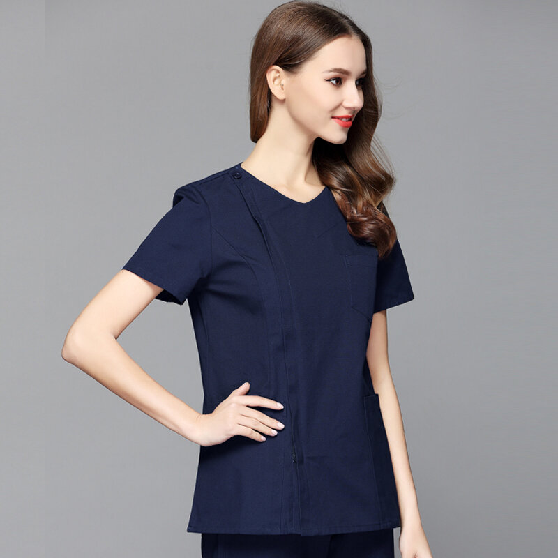 New Style Women Fashion Scrub Top Doctor Nurse Uniform Side Opening Front Shirt with Concealed Zipper Surgery Scrub (just A Top)