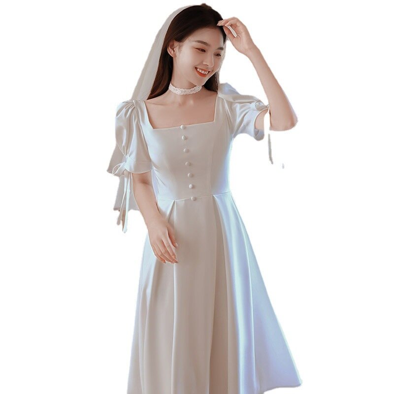 Women Long  Evening Dress Boat-Neck Tea Length Party Gowns None Trailing High Split Smooth Chiffon Formal Prom Dresses