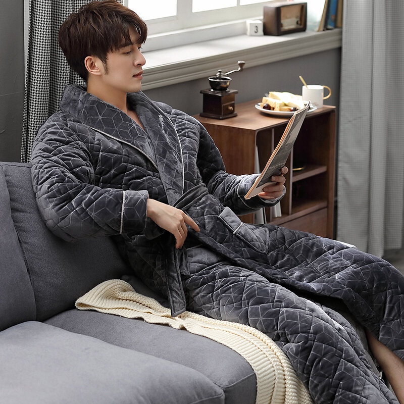 Men Geometric Kimono Bathrobe Winter Flannel Quilted Long Robe Thick Warm Sleepwear Big Yards3XL Nightgown Male Casual Home Wear