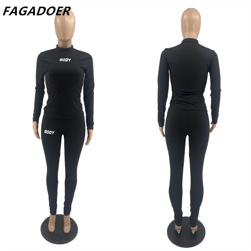 FAGADOER Winter Booy Letter Print Sporty Two Piece Set Women  Elastic Crop Tops And Leggings Tracksuits Autumn Casual Outfits