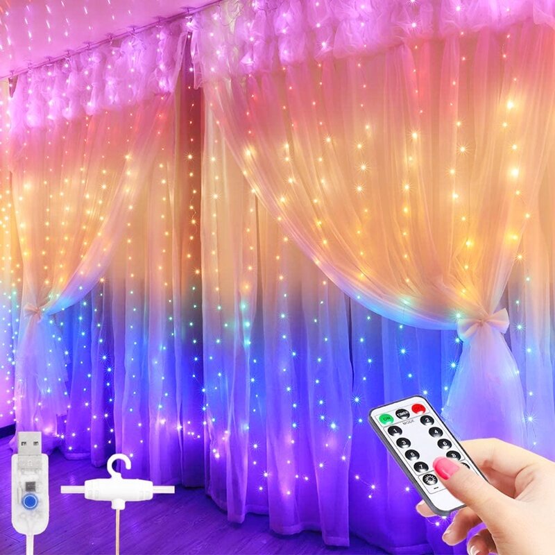 Guirnalda de luces LED para cortina, iluminación navideña, arcoíris, para el hogar, dormitorio, 2023