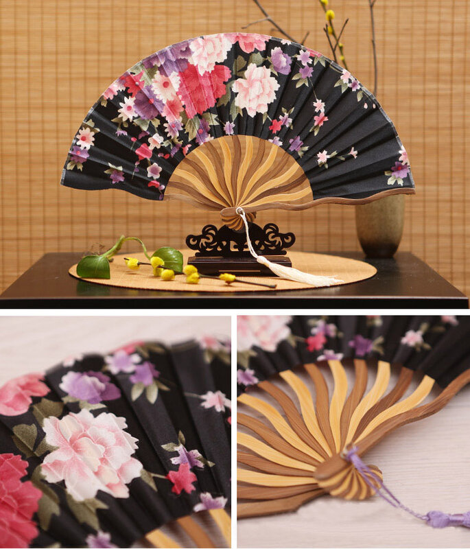 Ventilador de flores de bambu dobrável vintage, estilo chinês, bolso para festa, presentes de casamento, fantasia de anime, colorido