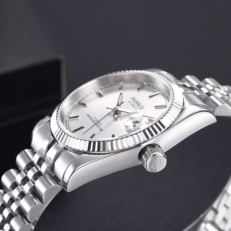 เคสแฟชั่น Parnis 36มม. สีเงินนาฬิกาข้อมือสำหรับผู้ชายอัตโนมัติสำหรับผู้หญิงนาฬิกาหรูหราแซฟไฟร์ปฏิทินเครื่องจักร2023