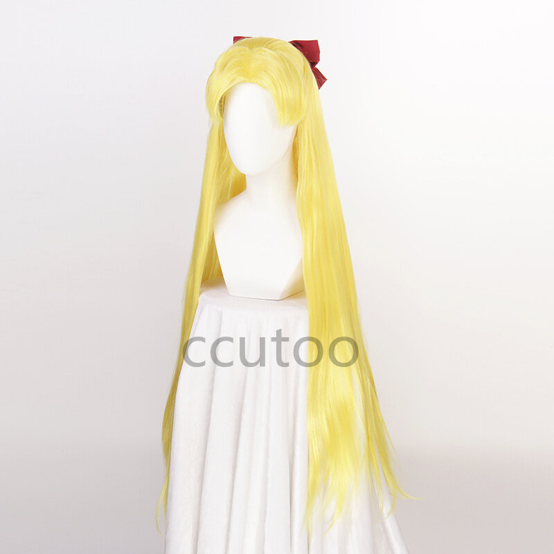 Sailor venus cosplay perucas minako aino peruca cosplay dourado longo 100cm encaracolado resistente ao calor do cabelo sintético com arco vermelho + peruca boné