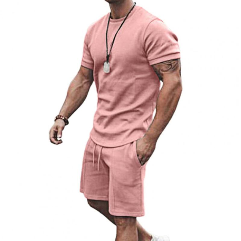 Stilvolle Beiläufige Trainingsanzug Männlichen Einfarbig Atmungsaktive O Neck Kordelzug Männer Lose Kurzarm T-shirt Tasche Shorts für Fitness