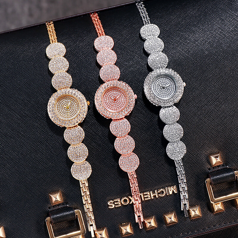 Montres de luxe en or rose pour femmes, bracelet complet en biscuits et diamants, montre-bracelet à la mode pour filles, horloge cadeau pour femme, D189