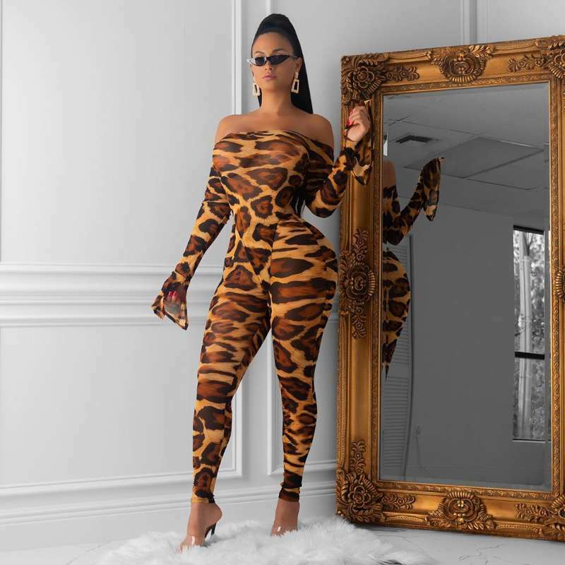 BKLD Женские Модные леопардовые комбинезоны с открытыми плечами, комбинезоны, Клубная одежда, женские осенние облегающие комбинезоны с расклешенными длинными рукавами 2019