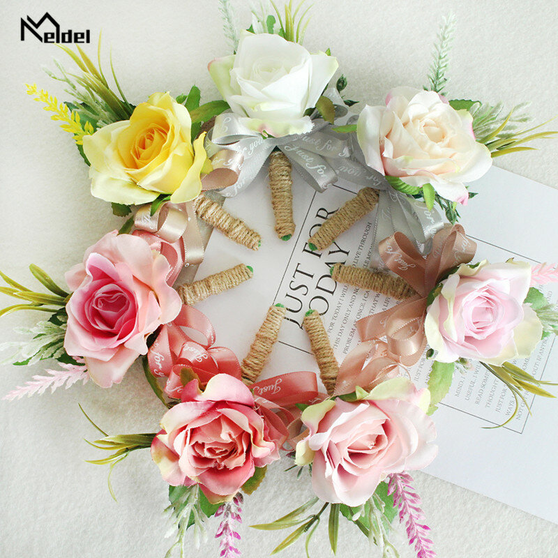 Flores de botão para casamento, bracelete tipo mamadeira e botão justo com rosas de seda, corpete e braço