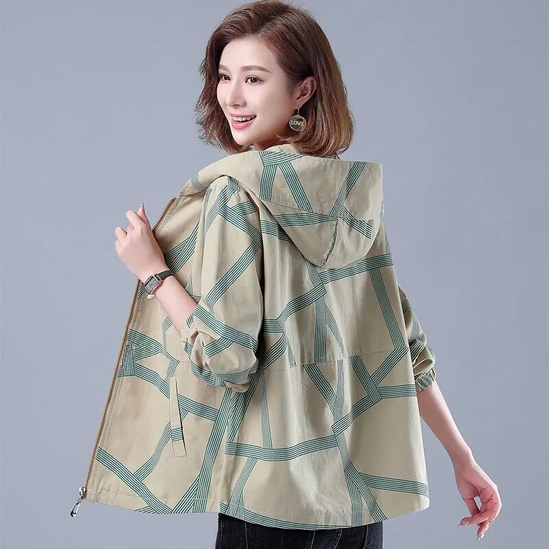 Giacca fodera moda donna mezza età anziani primavera autunno coreano cappotto stampa allentata con cappuccio madre top 541