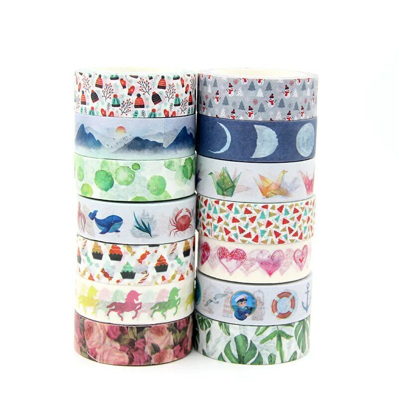 Cintas adhesivas con diseños de Luna y plantas de navidad Kawaii, pegatinas para álbum de recortes, papelería, 15mm x 10m, 1 unidad