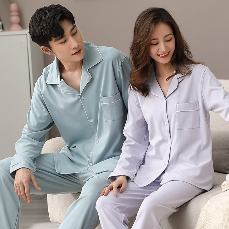 2022ฤดูใบไม้ผลิชุดนอนคู่ชุดผ้าฝ้าย Pijamas 2Pcs สำหรับสตรีและเสื้อผ้าผู้ชายชุดนอน100% จริงชุดนอนผ้าฝ้าย