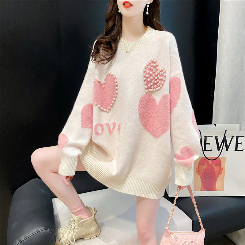 #3822 Knitted Womens Sweater Patterns Casual Knitted Sweater Femme With Pearls Loose Knitwear Pullover Women Cotton Korean Style