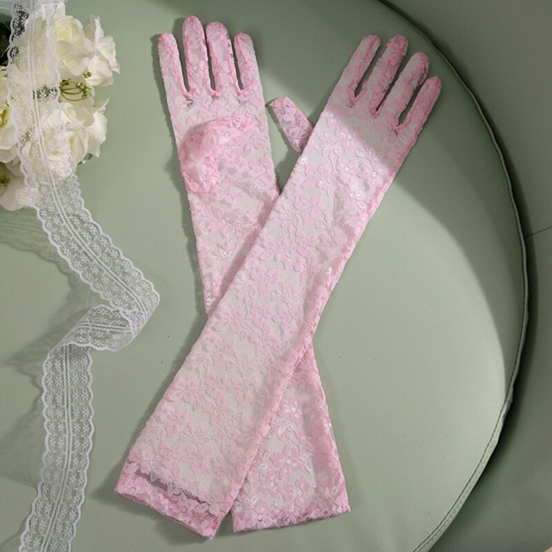 50cm Transparent Long Gloves Lace For Women Black Red White Pink Purple Fashion Spring Bride Sexy Mittens Female