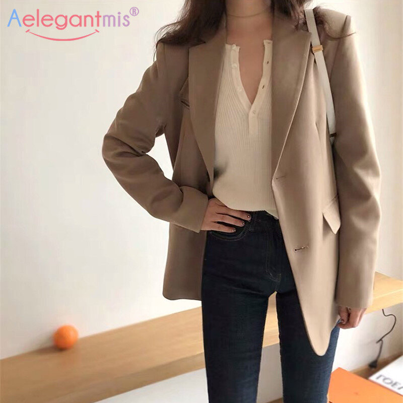 Aelegantmis primavera nueva moda Blazer chaqueta mujer Casual bolsillos de manga larga traje de trabajo abrigo Oficina señora sólido Slim Blazers 2020