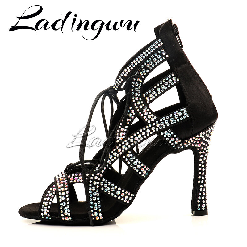 Ladingwu-Botas femininas de dança latina, sapatos de dança salsa de salão, strass grandes e pequenos, confortáveis para ajustar a alça
