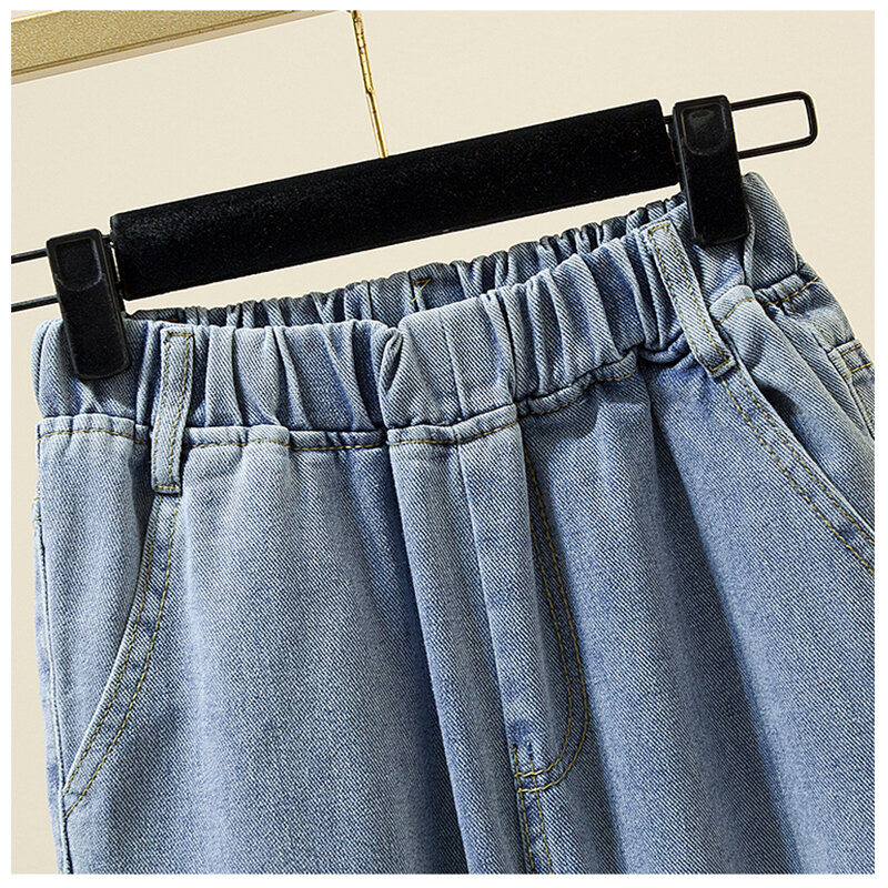 Plus Size Jeans donna 2022 elastico in vita pantaloni larghi in Denim nono pantaloni Casual Solid Baggy Mom Pants primavera estate pantaloni