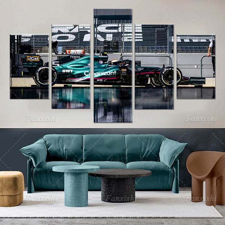 Affiche murale en toile avec voiture F1 bleue AMR21, imprimée en Hd, images modulaires pour décoration de salon et de maison, 5 pièces
