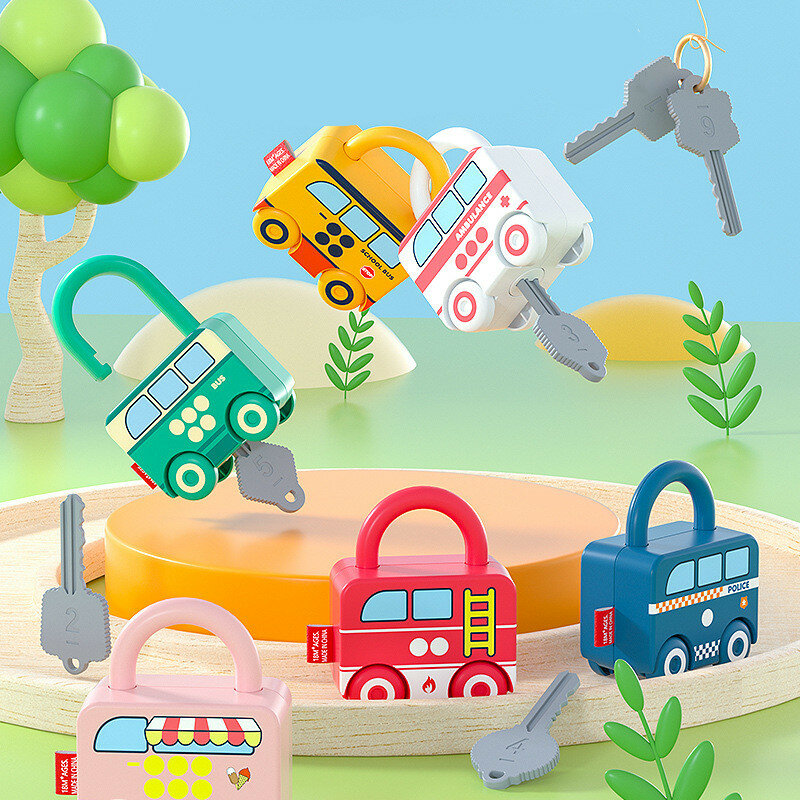 6 pçs crianças aprendizagem bloqueios com chaves educacional números pré-escolar correspondência & contagem montessori carro brinquedos auxiliares de ensino brinquedos jogo