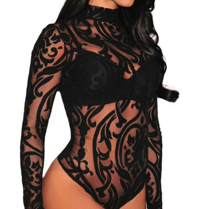Body negro Sexy transparente sin sujetador, Body de manga larga, bodys de verano para mujer