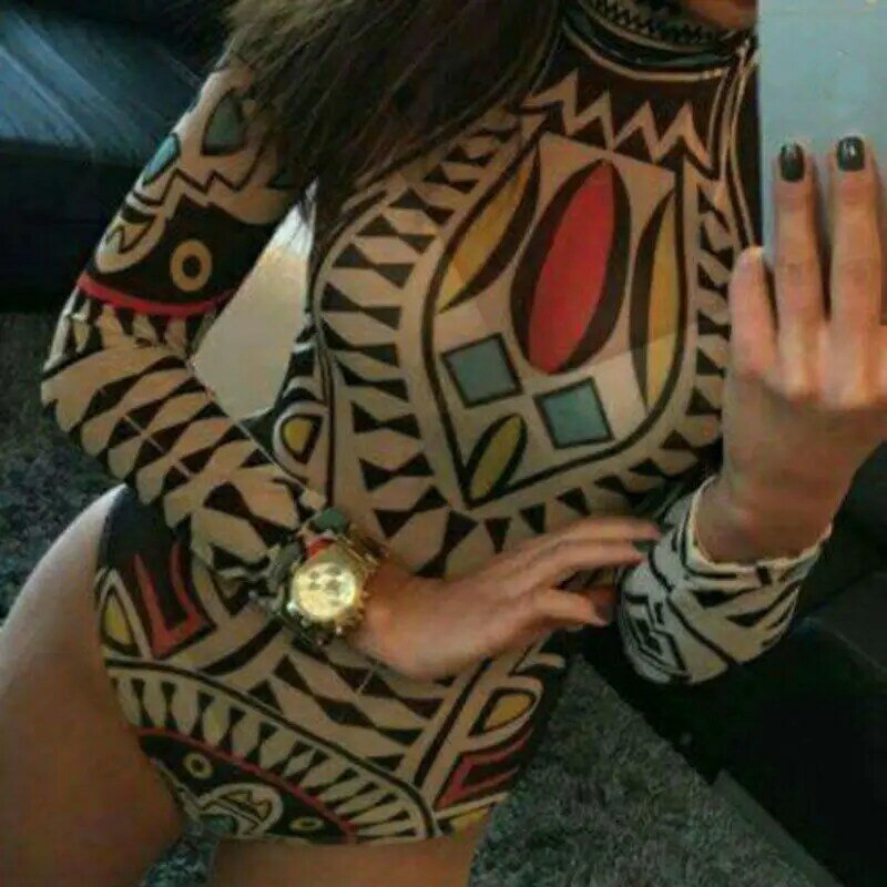 2020 neue Sexy Frauen Tattoo Tribal Print Stretchy Body Sehen-Durch Mesh Sheer Long Sleeve Top Dame Clubwear O neck Bodycon
