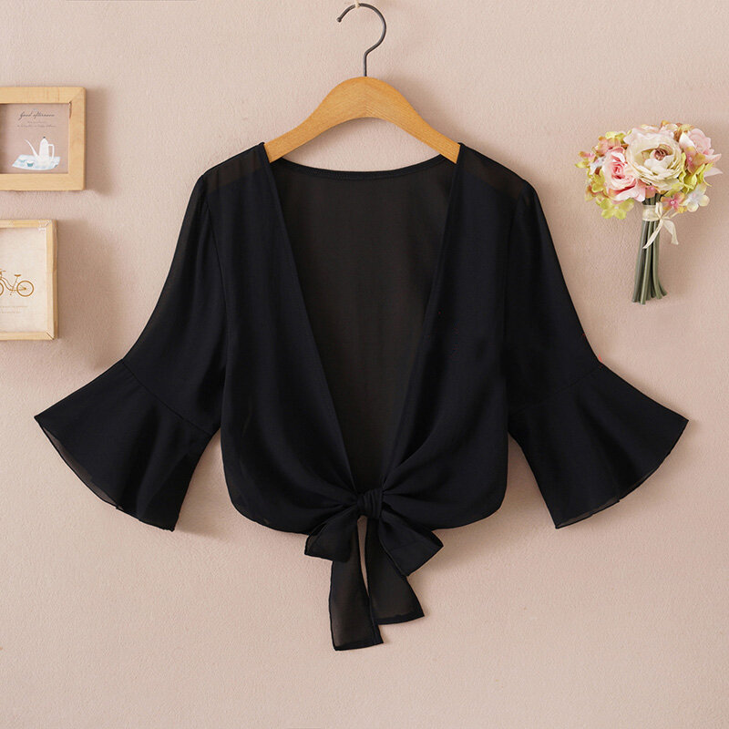 Summer Blouses For Women 2020 Woman V Neck Tie Waist Blouse Shirt Chiffon Black Ruffle Sleeve Top Lace Beach Blouse Cover Up