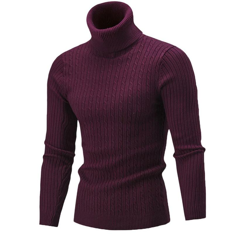 Sweater rajut lengan panjang pria, atasan Dalaman warna polos Turtleneck lengan panjang