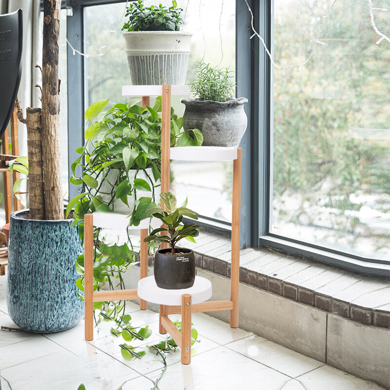 Soporte de plantas de bambú de 4 niveles, estante de exhibición nórdico de esquina alta para macetas de flores de Interior para sala de estar, dormitorio y balcón