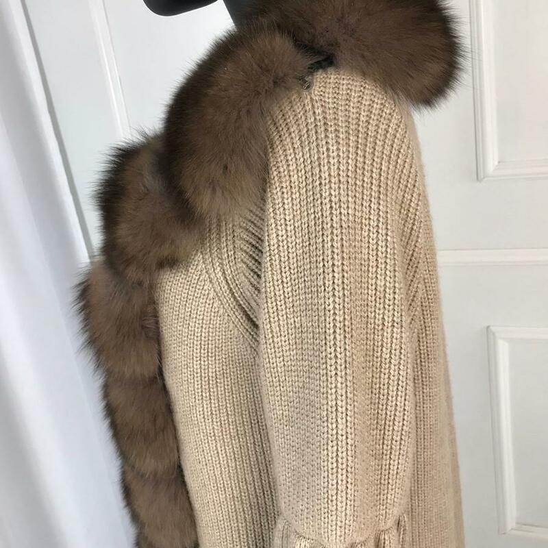 Lã cashmere cardigan camisola de malha outono inverno feminino com pele de raposa real guarnição capes