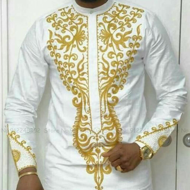 Camiseta africana de comprimento médio masculina, estampa vintage tradicional, camiseta manga longa, blusa casual plus size, tops da moda Dashiki